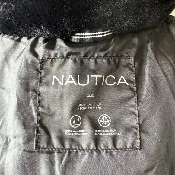 Women's Nautica Faux Fur Trim Hooded Mid-Length Black Puffer Jacket Size XL - Picture 12 of 14